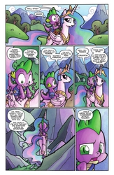 Size: 662x1018 | Tagged: safe, idw, official comic, princess celestia, spike, alicorn, dragon, pony, friends forever #3, g4, my little pony: friends forever, spoiler:comic, comic, dragons riding ponies, duo, duo male and female, ethereal mane, female, idw advertisement, implied twilight sparkle, male, mare, preview, riding, speech bubble, spike riding celestia