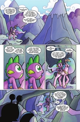 Size: 662x1018 | Tagged: safe, artist:agnesgarbowska, idw, official comic, iggy, princess celestia, spike, alicorn, dragon, lobster, pony, friends forever #3, g4, my little pony: friends forever, spoiler:comic, comic, dragons riding ponies, duo, ethereal mane, female, idw advertisement, male, mare, mountain, pinklestia, preview, riding, rock lobster, speech bubble, spike riding celestia