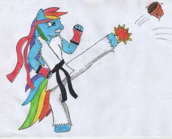 Size: 993x804 | Tagged: safe, artist:mane-shaker, rainbow dash, anthro, g4, black belt, clothes, colored, female, fingerless gloves, gi, gloves, karate, kick, kicking, solo, traditional art