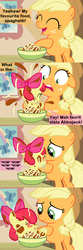 Size: 960x2880 | Tagged: safe, artist:beavernator, apple bloom, applejack, earth pony, pony, g4, adorabloom, baby, baby apple bloom, baby pony, baby talk, beavernator is trying to murder us, comic, cute, filly, foal, spaghetti, weapons-grade cute, younger
