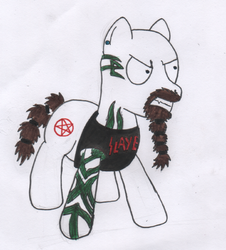 Size: 730x808 | Tagged: safe, artist:mane-shaker, earth pony, pony, angry, colored, kerry king, metal, ponified, slayer, solo, traditional art