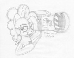 Size: 1016x787 | Tagged: safe, artist:mane-shaker, pinkie pie, earth pony, pony, g4, female, looking at you, monochrome, party cannon, pencil drawing, scraps, sketch, solo, traditional art