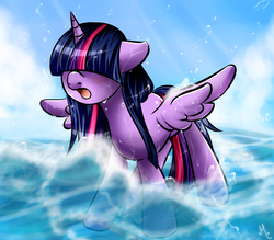 Size: 1200x1050 | Tagged: safe, artist:princesssilverglow, twilight sparkle, alicorn, pony, g4, bangs, blushing, female, floppy ears, hair over eyes, hidden eyes, mare, ocean, open mouth, solo, spread wings, twilight sparkle (alicorn), wave, wet mane