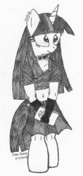 Size: 613x1303 | Tagged: safe, artist:mane-shaker, twilight sparkle, unicorn, anthro, g4, belly button, clothes, female, goth, gothic, happy, midriff, monochrome, pen, piercing, skirt, solo, traditional art