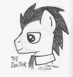 Size: 868x921 | Tagged: safe, artist:mane-shaker, doctor whooves, time turner, g4, background pony, male, monochrome, necktie, pen, solo, traditional art