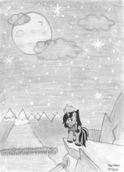 Size: 758x1053 | Tagged: safe, artist:mane-shaker, oc, oc only, hengstwolf, curse, looking at you, monochrome, night, solo, starry night, traditional art