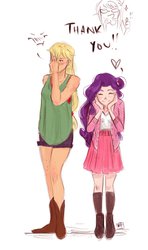 Size: 687x1163 | Tagged: safe, artist:demdoodles, applejack, rarity, human, g4, blushing, embarrassed, emoticon, eyes closed, facepalm, female, heart, humanized, lesbian, ship:rarijack, shipping, simple background, smiling