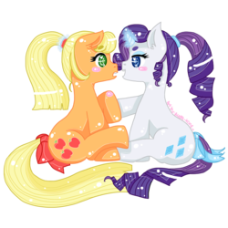 Size: 2895x2895 | Tagged: safe, artist:audra-hime, applejack, rarity, g4, alternate hairstyle, blushing, female, high res, lesbian, ship:rarijack, shipping, simple background, transparent background