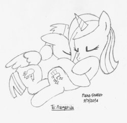 Size: 908x879 | Tagged: safe, artist:mane-shaker, thunderlane, oc, pegasus, pony, unicorn, g4, female, male, mare, monochrome, request, sleeping, stallion, trace, traditional art