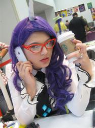 Size: 671x895 | Tagged: safe, artist:pijogenjo, rarity, human, g4, cosplay, drink, glasses, irl, irl human, necktie, phone, photo, table