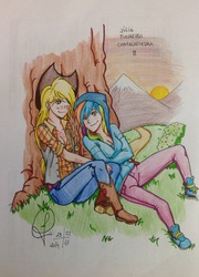 Size: 1722x2387 | Tagged: safe, artist:jujubesca, applejack, rainbow dash, human, g4, female, humanized, lesbian, ship:appledash, shipping, traditional art