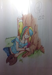 Size: 1638x2380 | Tagged: safe, artist:jujubesca, applejack, rainbow dash, human, g4, female, humanized, lesbian, ship:appledash, shipping, sleeping, stretching, traditional art