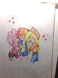 Size: 717x960 | Tagged: safe, artist:jujubesca, applejack, pinkie pie, rainbow dash, human, g4, female, humanized, lesbian, love triangle, ship:appledash, ship:pinkiedash, shipping, traditional art