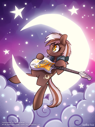 Size: 749x1000 | Tagged: safe, artist:jopiter, oc, oc only, cloud, cloudy, crescent moon, electric guitar, fender stratocaster, guitar, headphones, moon, musical instrument, solo, stars, stratocaster, tangible heavenly object, transparent moon