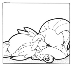 Size: 1089x1000 | Tagged: safe, artist:abronyaccount, angel bunny, fluttershy, g4, monochrome, sleeping