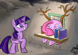 Size: 3600x2544 | Tagged: dead source, safe, artist:berylliumart, pinkie pie, twilight sparkle, alicorn, moose, pony, g4, antlers, balloonbutt, book, bookshelf, butt, buttstuck, disguise, disney, female, grin, hilarious in hindsight, mare, parody, picture frame, plot, raised hoof, reference, smiling, stuck, the many adventures of winnie the pooh, twilight sparkle (alicorn), underhoof, wat, winnie the pink, winnie the pooh