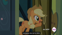 Size: 1080x608 | Tagged: safe, screencap, applejack, g4, somepony to watch over me, female, hub logo, meme, solo, youtube caption