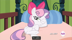 Size: 1080x608 | Tagged: safe, edit, edited screencap, screencap, sweetie belle, pony, unicorn, g4, somepony to watch over me, bow, butt, female, filly, foal, hub logo, meme, pillow, plot, scrunchy face, solo, youtube caption