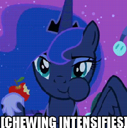 Size: 274x275 | Tagged: safe, edit, edited screencap, screencap, princess luna, g4, luna eclipsed, animated, apple, chewing, cropped, descriptive noise, eating, extreme speed animation, female, image macro, impact font, meme, solo, x intensifies