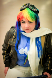 Size: 800x1200 | Tagged: safe, artist:riveth, rainbow dash, human, g4, clothes, convention, cosplay, goggles, irl, irl human, jacket, kamecon, kamecon 2013, photo, queen city kamikaze, scarf, solo