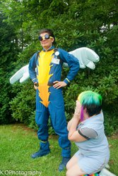 Size: 640x960 | Tagged: safe, artist:riveth, rainbow dash, soarin', human, g4, clothes, cosplay, duo, fangirling, irl, irl human, outdoors, photo, uniform, wonderbolts uniform