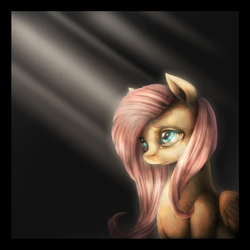 Size: 1100x1100 | Tagged: dead source, safe, artist:ventious, fluttershy, pegasus, pony, g4, crepuscular rays, female, light, sad, solo