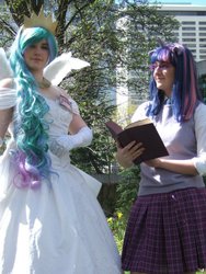 Size: 540x720 | Tagged: safe, artist:shotalicious, artist:starrys, princess celestia, twilight sparkle, human, g4, cosplay, irl, irl human, photo