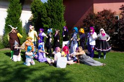 Size: 2609x1732 | Tagged: artist needed, safe, artist:hikaruchan, artist:neko-no-danna, artist:thelordcommander, apple bloom, applejack, derpy hooves, discord, dj pon-3, photo finish, rarity, vinyl scratch, human, g4, colossalcon, cosplay, group photo, irl, irl human, photo