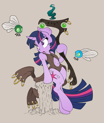 Size: 1273x1500 | Tagged: safe, artist:dfectivedvice, artist:shawnyall, twilight sparkle, parasprite, pony, semi-anthro, g4, arm hooves, belly button, bipedal, clothes, colored, fantasy class, open clothes, simple background, staff, window