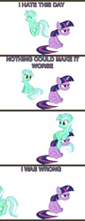 Size: 800x2085 | Tagged: artist needed, safe, lyra heartstrings, twilight sparkle, pony, unicorn, g4, comic, female, grumpy, grumpy twilight, hate, horn, horn warmer, mare, ponies riding ponies, pony hat, riding, simple background, sitting, sitting lyra, sitting on pony, unamused