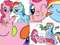 Size: 1024x767 | Tagged: safe, artist:kristelpokemonfan, gummy, pinkie pie, rainbow dash, g4, bedroom eyes, biting, blushing, comic, female, lesbian, licking, licking lips, open mouth, ship:pinkiedash, shipping, smiling, tongue bite, tongue out, wink