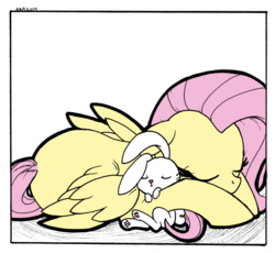 Size: 1089x1000 | Tagged: safe, artist:abronyaccount, artist:venezolanbrony, edit, angel bunny, fluttershy, pegasus, pony, rabbit, g4, animal, colored, cuddling, duo, eyes closed, female, floppy ears, lying down, mare, prone, simple background, sleeping, transparent background