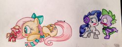 Size: 1024x399 | Tagged: safe, artist:dreamyeevee, big macintosh, fluttershy, rarity, spike, earth pony, pony, g4, male, micro, ship:fluttermac, ship:sparity, shipping, stallion, straight, traditional art