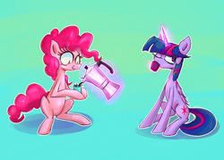 Size: 1400x1000 | Tagged: safe, artist:senx, pinkie pie, twilight sparkle, alicorn, earth pony, pony, g4, coffee, female, mare, pinkie found the coffee, twilight sparkle (alicorn), xk-class end-of-the-world scenario