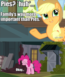 Size: 960x1134 | Tagged: safe, edit, edited screencap, screencap, applejack, pinkie pie, a friend in deed, g4, somepony to watch over me, caption, sad, text