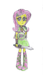 Size: 677x1180 | Tagged: safe, artist:swordmaster200, fluttershy, equestria girls, g4, alternate universe, amazon, badass, cute, equestria chronicles, female, hairpin, shield, solo, sword