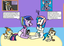 Size: 1134x826 | Tagged: safe, artist:mighty355, dj pon-3, iron will, pound cake, pumpkin cake, twilight sparkle, vinyl scratch, g4, adult foal, baby, diaper