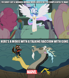 Size: 640x724 | Tagged: safe, discord, fluttershy, princess celestia, rainbow dash, g4, dc comics, guardians of the galaxy, hilarious in hindsight, image macro, marvel, meme, op is trying to start shit, rocket raccoon, wonder woman