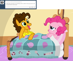 Size: 1280x1080 | Tagged: safe, artist:fillyblue, cheese sandwich, pinkie pie, ask cheese sandwich, g4, ask, bed, cute, female, floppy ears, happy, male, red nosed, ship:cheesepie, shipping, sick, smiling, straight, tumblr