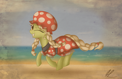 Size: 5511x3557 | Tagged: safe, artist:lolepopenon, granny smith, earth pony, pony, g4, leap of faith, beach, bloomers, clothes, cottagecore, female, puffy sleeves, solo, swimsuit, young granny smith, younger