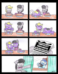 Size: 2482x3189 | Tagged: safe, artist:bobthedalek, oc, oc only, oc:mixed melody, oc:octavia's father, oc:octavia's mother, oc:ostinato melody, earth pony, pony, apron, clothes, curtains, female, hat, high res, male, newspaper, oven mitts, pie, pie in the face, pied