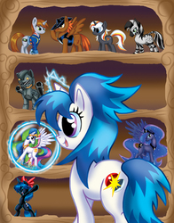 Size: 564x720 | Tagged: safe, artist:stridersyd, princess celestia, princess luna, oc, oc:calamity, oc:littlepip, oc:steelhooves, oc:velvet remedy, oc:xenith, alicorn, earth pony, pegasus, pony, unicorn, zebra, fallout equestria, g4, armor, clothes, fanfic, fanfic art, female, hat, jumpsuit, magic, male, mare, pipbuck, power armor, shelf, stallion, vault suit