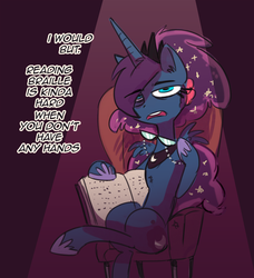 Size: 500x549 | Tagged: safe, artist:herny, princess luna, luna-afterdark, g4, armchair, braille, chair, dialogue, female, glasses, lidded eyes, looking at you, open mouth, sitting, solo, spread wings, tumblr