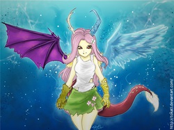 Size: 2668x1996 | Tagged: safe, artist:tokatl, fluttershy, draconequus, equestria girls, g4, blue background, chaos, clawed humanization, clothes, disshy, draconequified, female, flutterequus, humanized, mismatched horns, mismatched wings, simple background, skirt, solo, species swap, tailed humanization, tank top, torn clothes, winged humanization