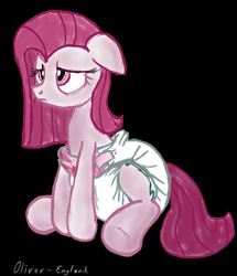 Size: 423x493 | Tagged: safe, artist:fillyscoots42, artist:oliver-england, pinkie pie, g4, diaper, female, non-baby in diaper, pinkamena diane pie, poofy diaper, sad, solo, story included