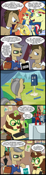 Size: 551x2100 | Tagged: safe, artist:madmax, doctor whooves, flam, flim, time turner, oc, oc:madmax, earth pony, pony, unicorn, g4, artist, bbc, belly button, clothes, comic, copyright, doctor who, female, hasbro, implied diarrhea, lawyer, levitation, magic, male, mare, meta, stallion, sweat, tardis, telekinesis, the last supper