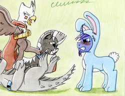 Size: 1019x784 | Tagged: safe, artist:the1king, oc, oc only, oc:azure night, oc:crater, oc:moonshine, oc:nightengale, dragon, griffon, pony, unicorn, zebra, bunny costume, clothes, easter