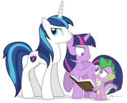 Size: 1110x900 | Tagged: safe, artist:dm29, shining armor, spike, twilight sparkle, alicorn, dragon, pony, unicorn, g4, book, duo, dusk shine, dusk shine (alicorn), female, gleaming shield, implied transformation, implied transgender transformation, male, mare, prince dusk, rule 63, sheepish grin, simple background, stallion, transparent background, twilight sparkle (alicorn)