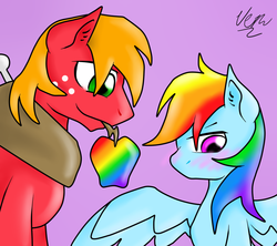 Size: 900x800 | Tagged: safe, artist:tomcolt15, big macintosh, rainbow dash, earth pony, pony, g4, blushing, looking back, male, nervous, ship:rainbowmac, shipping, smiling, spread wings, stallion, straight, zap apple