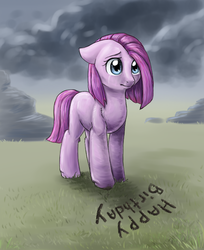 Size: 544x667 | Tagged: safe, artist:170th, pinkie pie, g4, female, filly, happy birthday, sad, solo